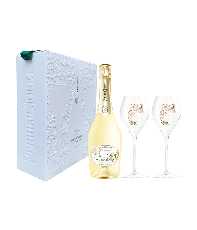 CHAMPAGNE BLANC DE BLANCS PERRIER JOUET CONFEZIONE CON DUE CALICI